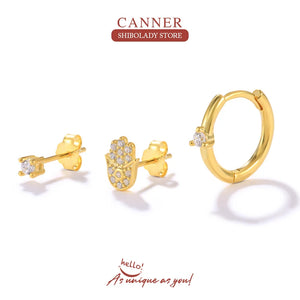Square Palm Round Moon Zircon Earrings 925 Sterling Silver Piercing Stud Earring
