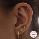 Square Palm Round Moon Zircon Earrings 925 Sterling Silver Piercing Stud Earring