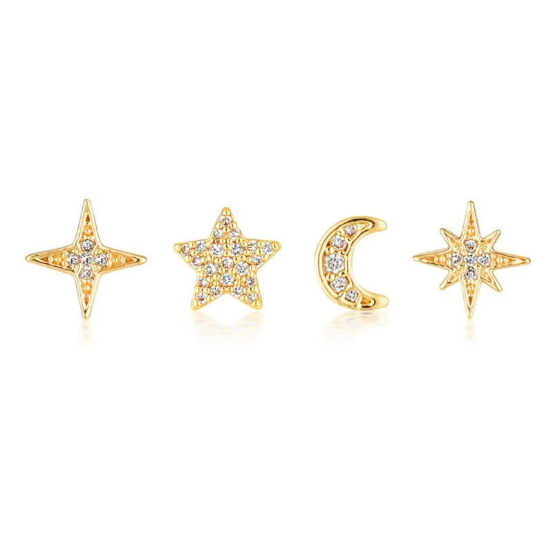 Mini Zircon Moon and Star Stud Earrings Set for Women