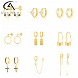 925 Silver Round Cross Small Earrings CZ Chain Pendientes Plata 925
