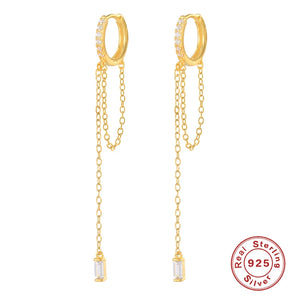 925 Silver Round Cross Small Earrings CZ Chain Pendientes Plata 925