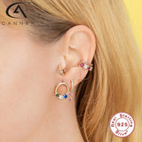 925 Silver Round Cross Small Earrings CZ Chain Pendientes Plata 925