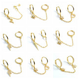 925 Silver Double Hoops Link Chain Earrings Moon Star Snake Piercing