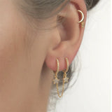 925 Silver Double Hoops Link Chain Earrings Moon Star Snake Piercing
