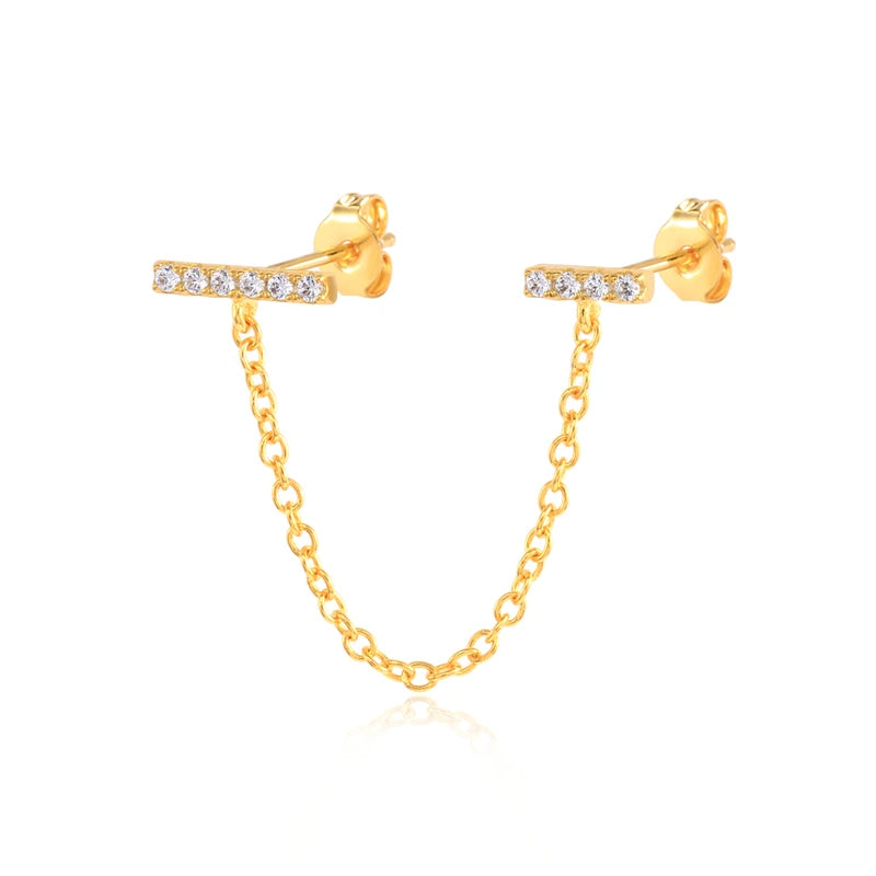 925 Silver Star Lightning Stud Earrings Zircon Crystal Chain Piercing