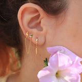 925 Silver Star Lightning Stud Earrings Zircon Crystal Chain Piercing