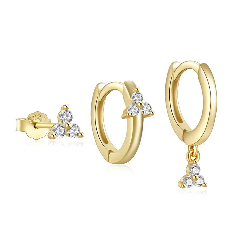 925 Silver Triple Zircon Hoop Earrings Set for Women