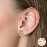 925 Silver Olive Green Zircon Sunflower Hoop Earring for Women