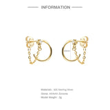 925 Silver C-Shaped Stud Earrings INS Chain Piercing Pendientes Plata