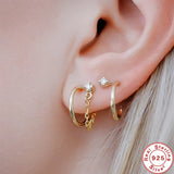 925 Silver C-Shaped Stud Earrings INS Chain Piercing Pendientes Plata