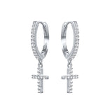 925 Silver Cross Stud Earrings Zircon Huggie Round Hoops