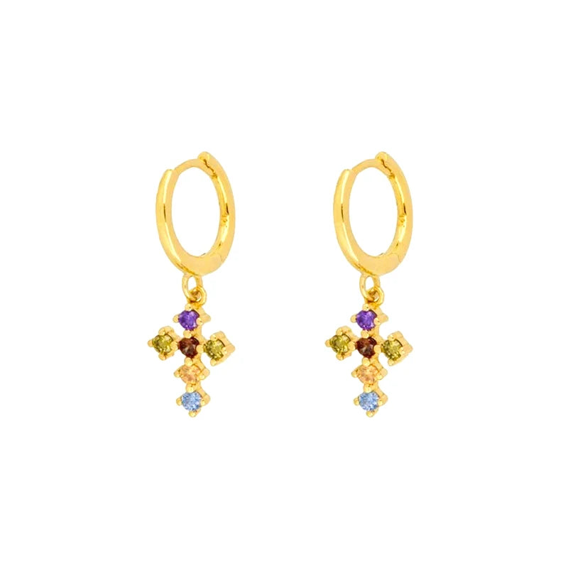 925 Silver Cross Stud Earrings Zircon Huggie Round Hoops