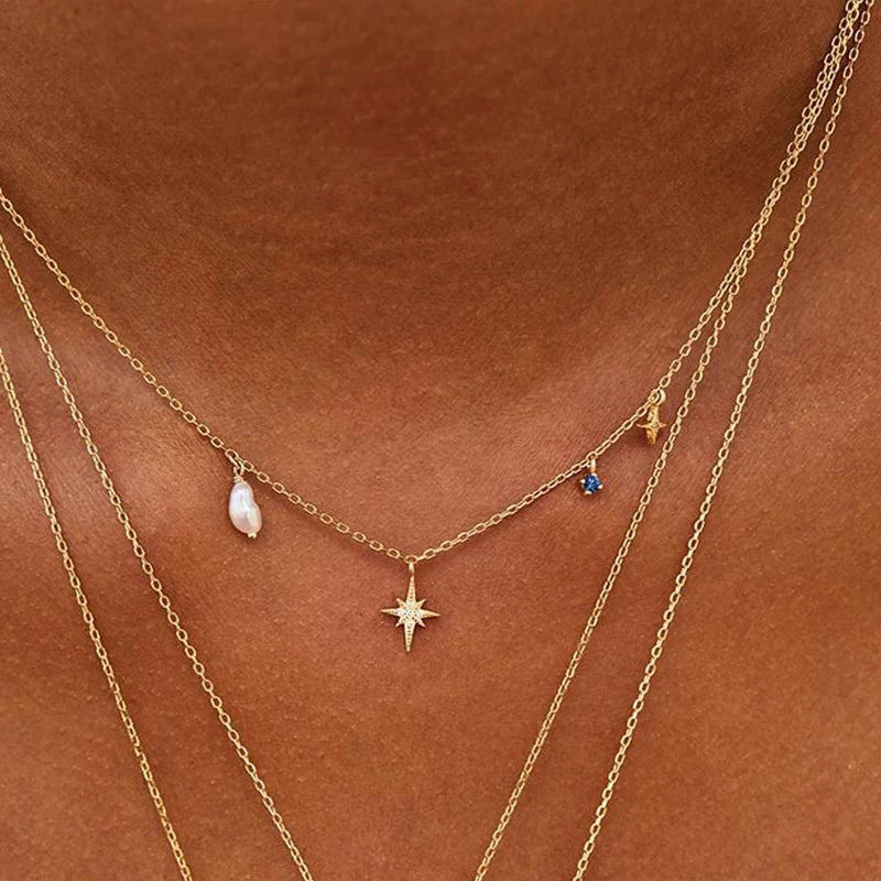 925 Silver Chain Necklace with Zircon Star Pendant for Birthday Gift
