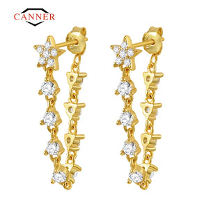 925 Silver CZ Long Tassel Chain Ear Stud Earrings Party Jewelry