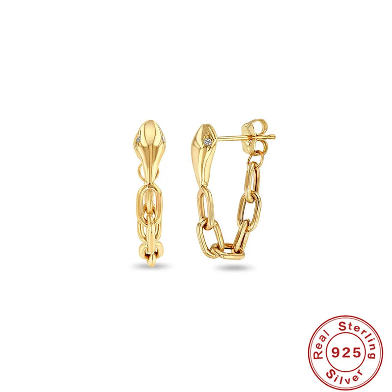 925 Silver Snake Chain Dangles Retro Stud Earrings