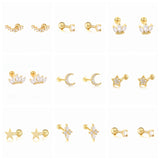 925 Silver Zircon Ear Bone Nail Mini Moon Star Piercing Stud Earrings