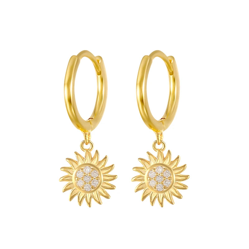 925 Silver Sunflower Dangle Earrings Zircon Wedding Jewelry