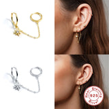 925 Silver Double Hole Chain Earring CZ Moon Star Lightning Hoop 1pc