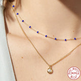 925 Silver Double Layer Pearl Pendant Necklace Chalcedony Choker
