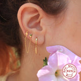 925 Silver Double Pierced Earrings Moon Star Lightning