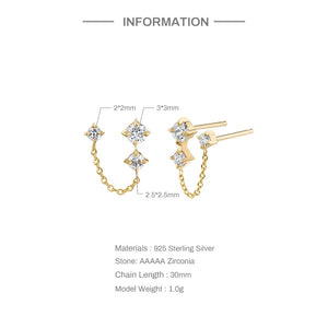 925 Silver Double Studs Clear Zircon Tassel Earrings