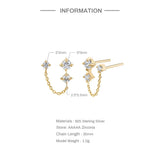 925 Silver Double Studs Clear Zircon Tassel Earrings