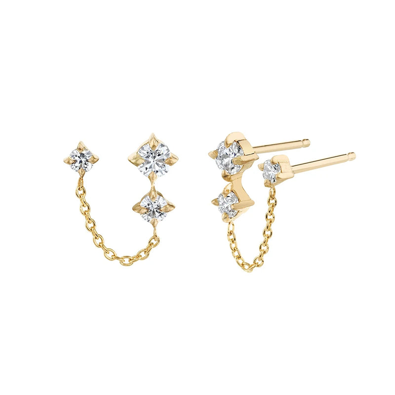 925 Silver Double Studs Clear Zircon Tassel Earrings