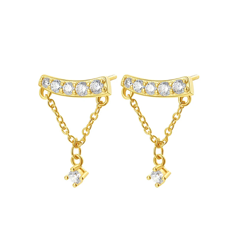 925 Silver Tassel Chain Stud Earrings Zircon Diamond Dangles