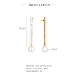 925 Silver Pearl Drop Earrings Long Tassel Zirconia Pendientes Plata 925