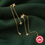 925 Silver Four Leaf Flower Stud Earrings Zircon Tassel Chains for Women