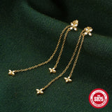 925 Silver Four Leaf Flower Stud Earrings Zircon Tassel Chains for Women