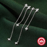 925 Silver Four Leaf Flower Stud Earrings Zircon Tassel Chains for Women