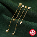 925 Silver Four Leaf Flower Stud Earrings Zircon Tassel Chains for Women