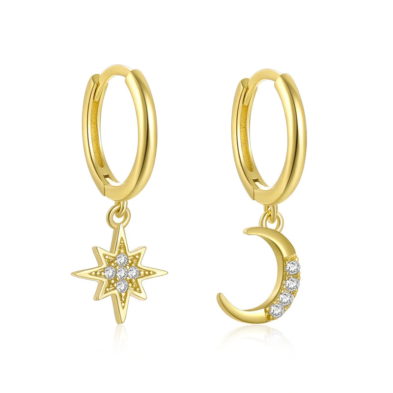 925 Silver Star Moon Zircon Drop Earrings Women Jewelry