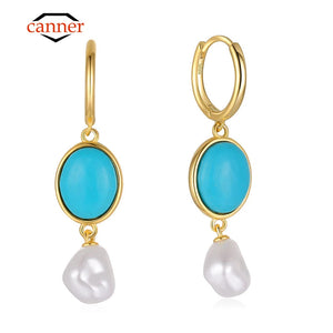 925 Silver Plated Turquoise Pearl Huggie Earrings