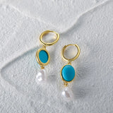 925 Silver Plated Turquoise Pearl Huggie Earrings