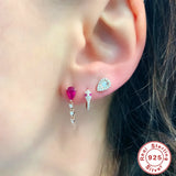 925 Silver Zircon Chain Stud Earrings Water Drop Design