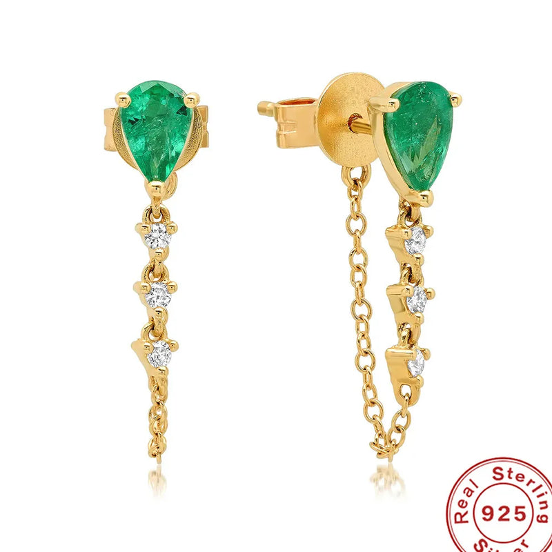 925 Silver Zircon Chain Stud Earrings Water Drop Design
