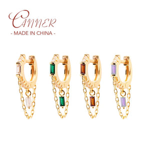925 Silver Hoop Earring Geometric Chain Square Zircon Pendant Summer