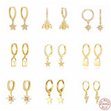 925 Silver Hoop Earring Lightning Star Bee Charms Bling Zircon Earrings