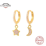 925 Silver Hoop Earrings Moon Star Zircon Round Huggie Earring