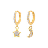 925 Silver Hoop Earrings Moon Star Zircon Round Huggie Earring