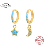 925 Silver Hoop Earrings Moon Star Zircon Round Huggie Earring