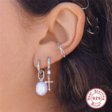 925 Silver Huggie Earrings Opal Stone Moon Star Cross Dangle Earrings