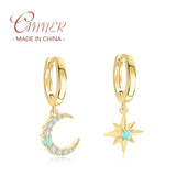 925 Silver Huggie Earrings Opal Stone Moon Star Cross Dangle Earrings