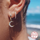 925 Silver Huggie Earrings Opal Stone Moon Star Cross Dangle Earrings