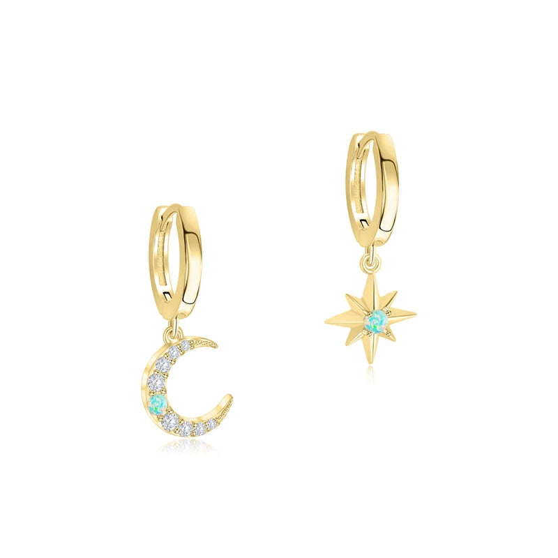 925 Silver Huggie Earrings Opal Stone Moon Star Cross Dangle Earrings