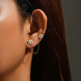 925 Silver Pearl Double Studs Earrings Chain Wedding Jewelry