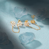 925 Silver Pearl Double Studs Earrings Chain Wedding Jewelry