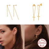 925 Silver Chain Earring Double Hole Studs CZ Plata 925 Jewelry